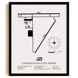 Framed Detailed Airport Map of Charleston Executive Airport (JZI) in White with a Black Frame