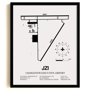 Framed Detailed Airport Map of Charleston Executive Airport (JZI) in White with a Black Frame