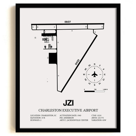 Framed Detailed Airport Map of Charleston Executive Airport (JZI) in White with a Black Frame