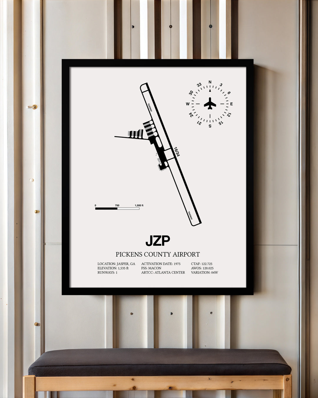 Framed Detailed Airport Map of Pickens County Airport (JZP) in White with a Black Frame
