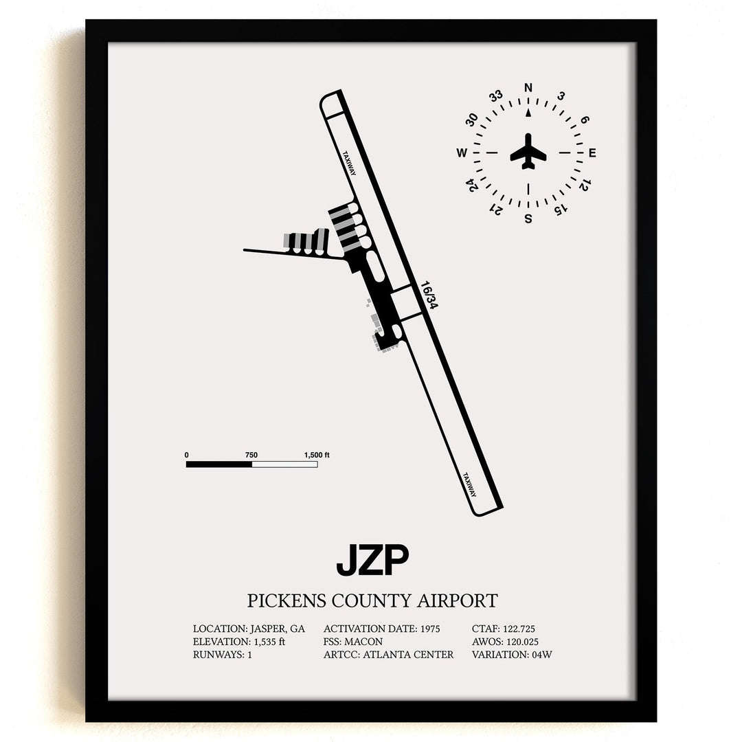 Framed Detailed Airport Map of Pickens County Airport (JZP) in White with a Black Frame