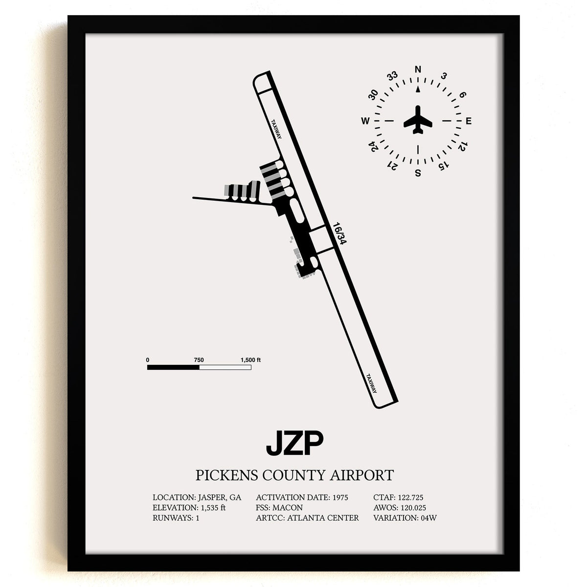 Framed Detailed Airport Map of Pickens County Airport (JZP) in White with a Black Frame