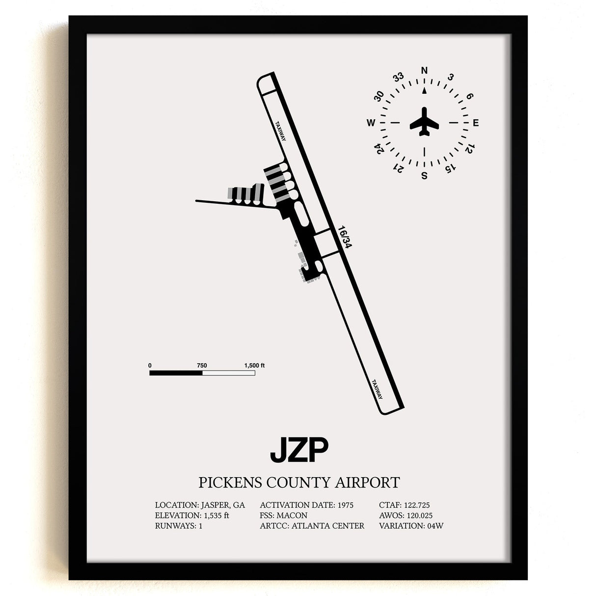 Framed Detailed Airport Map of Pickens County Airport (JZP) in White with a Black Frame