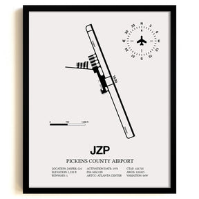 Framed Detailed Airport Map of Pickens County Airport (JZP) in White with a Black Frame