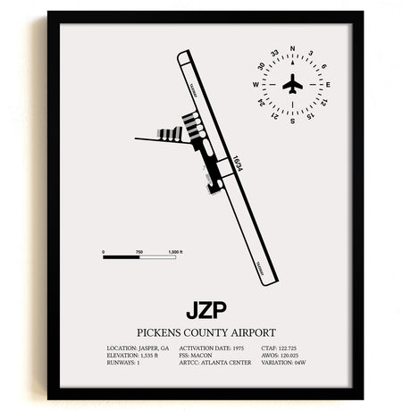 Framed Detailed Airport Map of Pickens County Airport (JZP) in White with a Black Frame