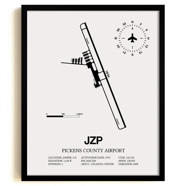 Framed Detailed Airport Map of Pickens County Airport (JZP) in White with a Black Frame