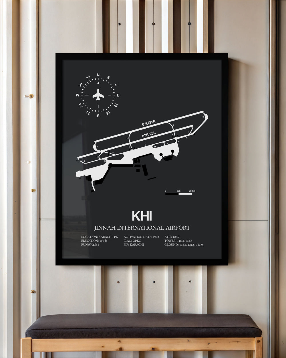 Framed Detailed Airport Map of Jinnah International Airport (KHI) in Gray with a Black Frame