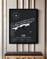 Framed Detailed Airport Map of Jinnah International Airport (KHI) in Gray with a Black Frame