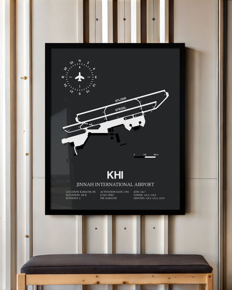 Framed Detailed Airport Map of Jinnah International Airport (KHI) in Gray with a Black Frame