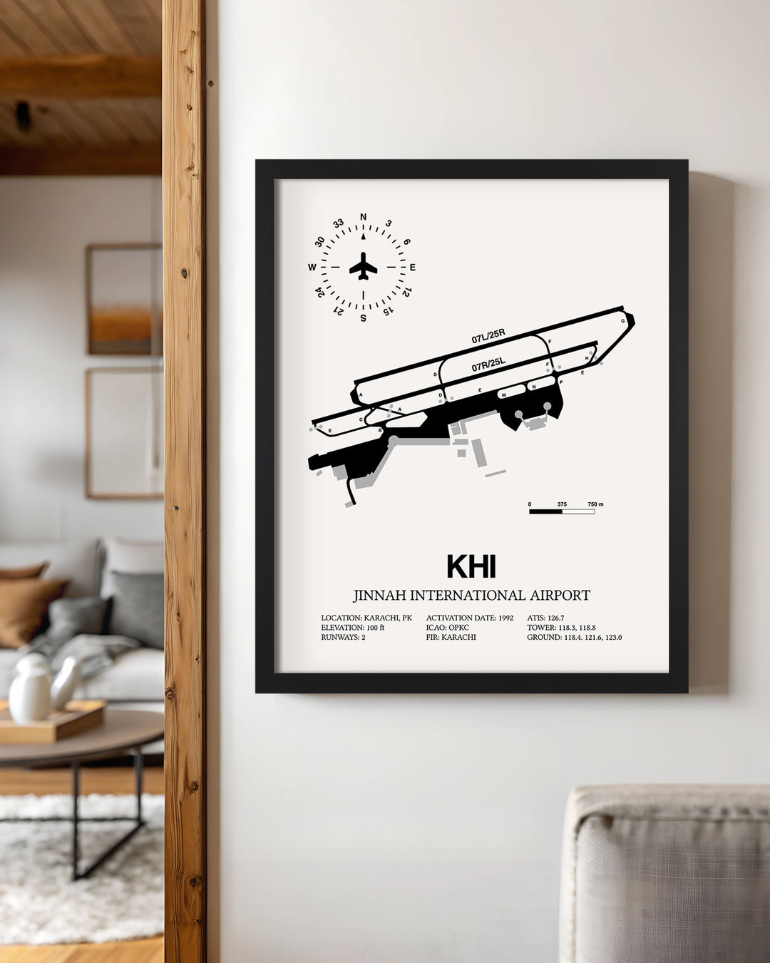 Framed Detailed Airport Map of Jinnah International Airport (KHI) in White with a Black Frame
