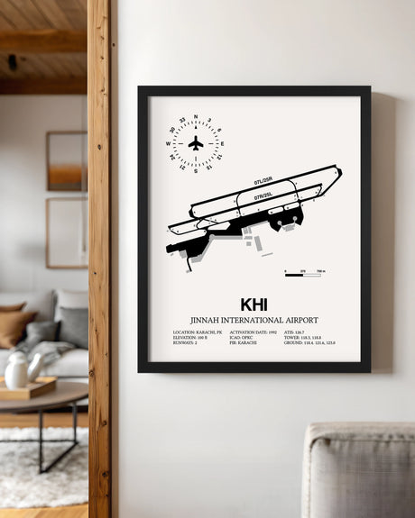 Framed Detailed Airport Map of Jinnah International Airport (KHI) in White with a Black Frame