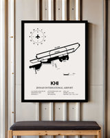 Framed Detailed Airport Map of Jinnah International Airport (KHI) in White with a Black Frame