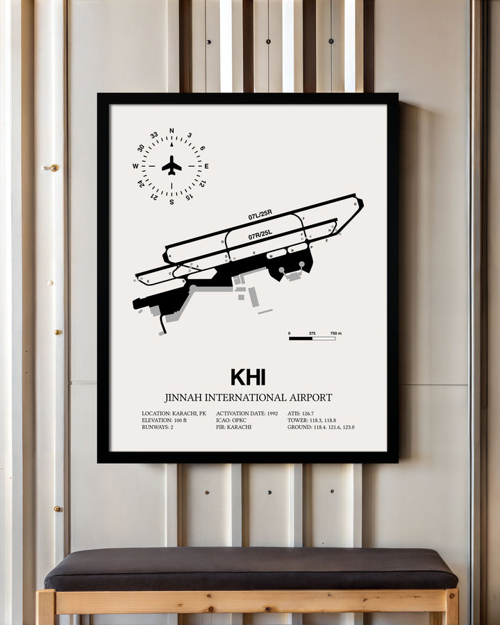 Framed Detailed Airport Map of Jinnah International Airport (KHI) in White with a Black Frame
