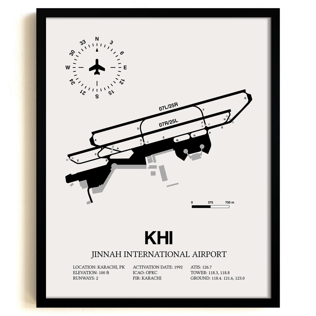 Framed Detailed Airport Map of Jinnah International Airport (KHI) in White with a Black Frame