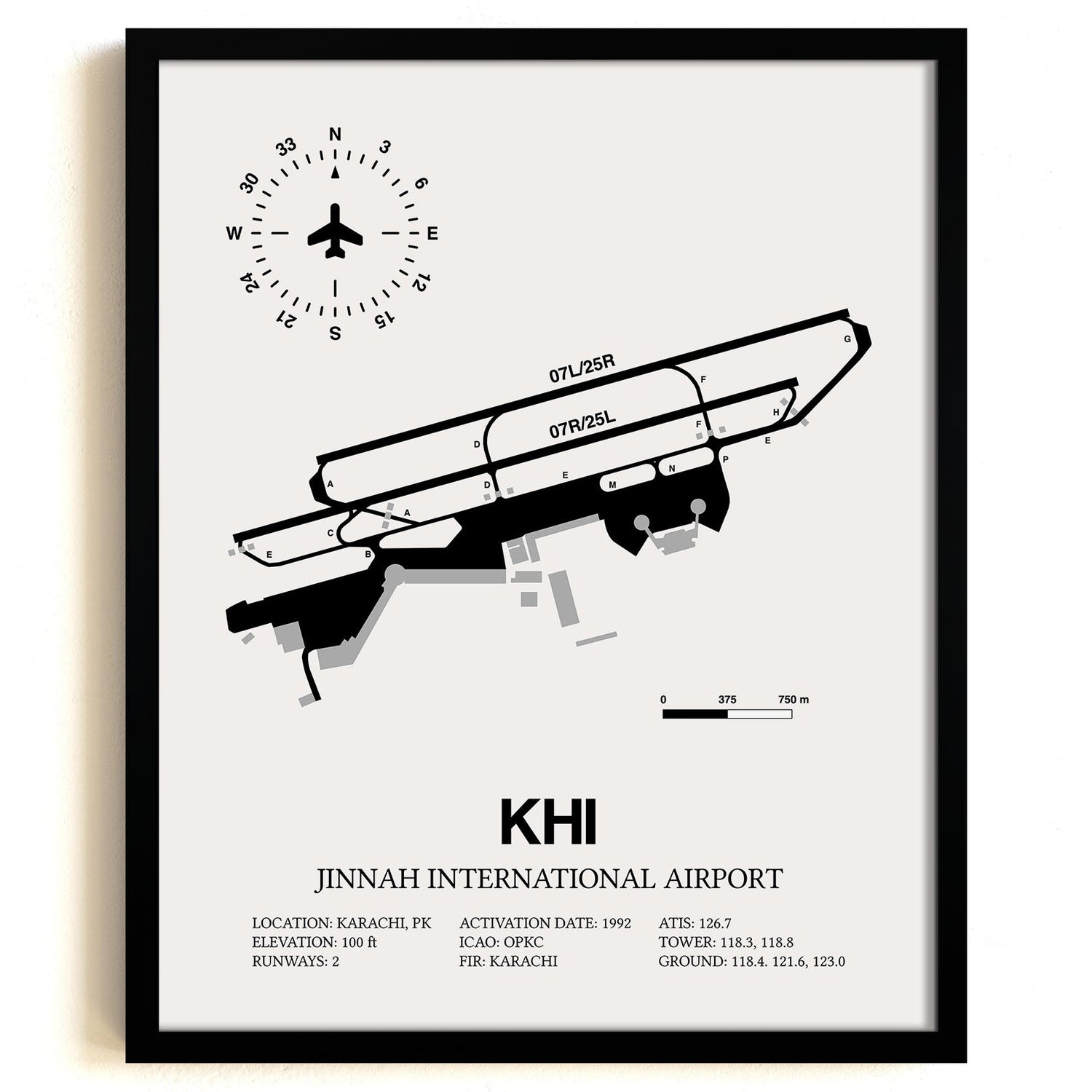 Framed Detailed Airport Map of Jinnah International Airport (KHI) in White with a Black Frame