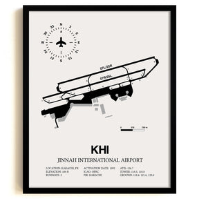 Framed Detailed Airport Map of Jinnah International Airport (KHI) in White with a Black Frame