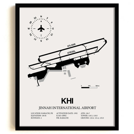 Framed Detailed Airport Map of Jinnah International Airport (KHI) in White with a Black Frame