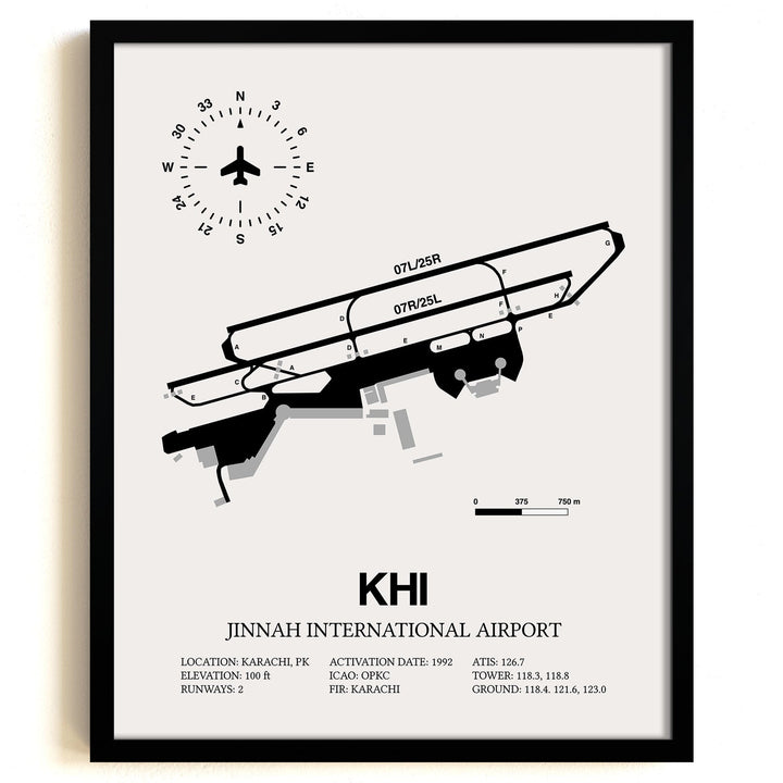 Framed Detailed Airport Map of Jinnah International Airport (KHI) in White with a Black Frame