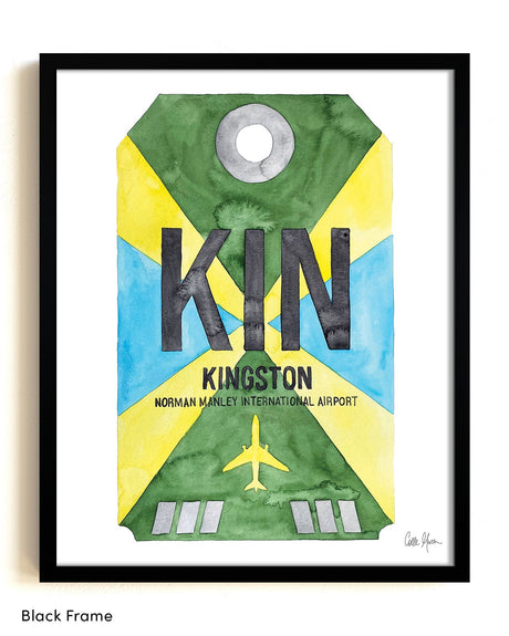 Framed Watercolor Print of Norman Manley International Airport (KIN) with a Black Frame