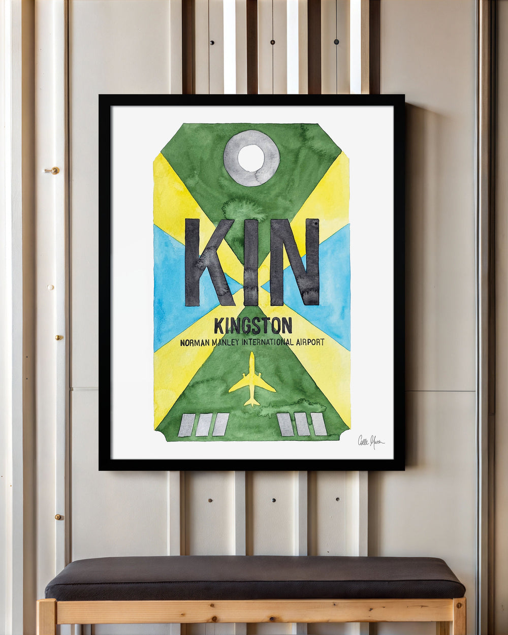 Framed Watercolor Print of Norman Manley International Airport (KIN) with a Black Frame