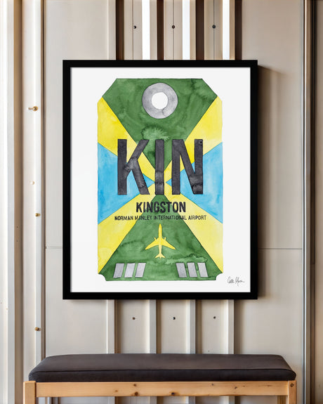Framed Watercolor Print of Norman Manley International Airport (KIN) with a Black Frame