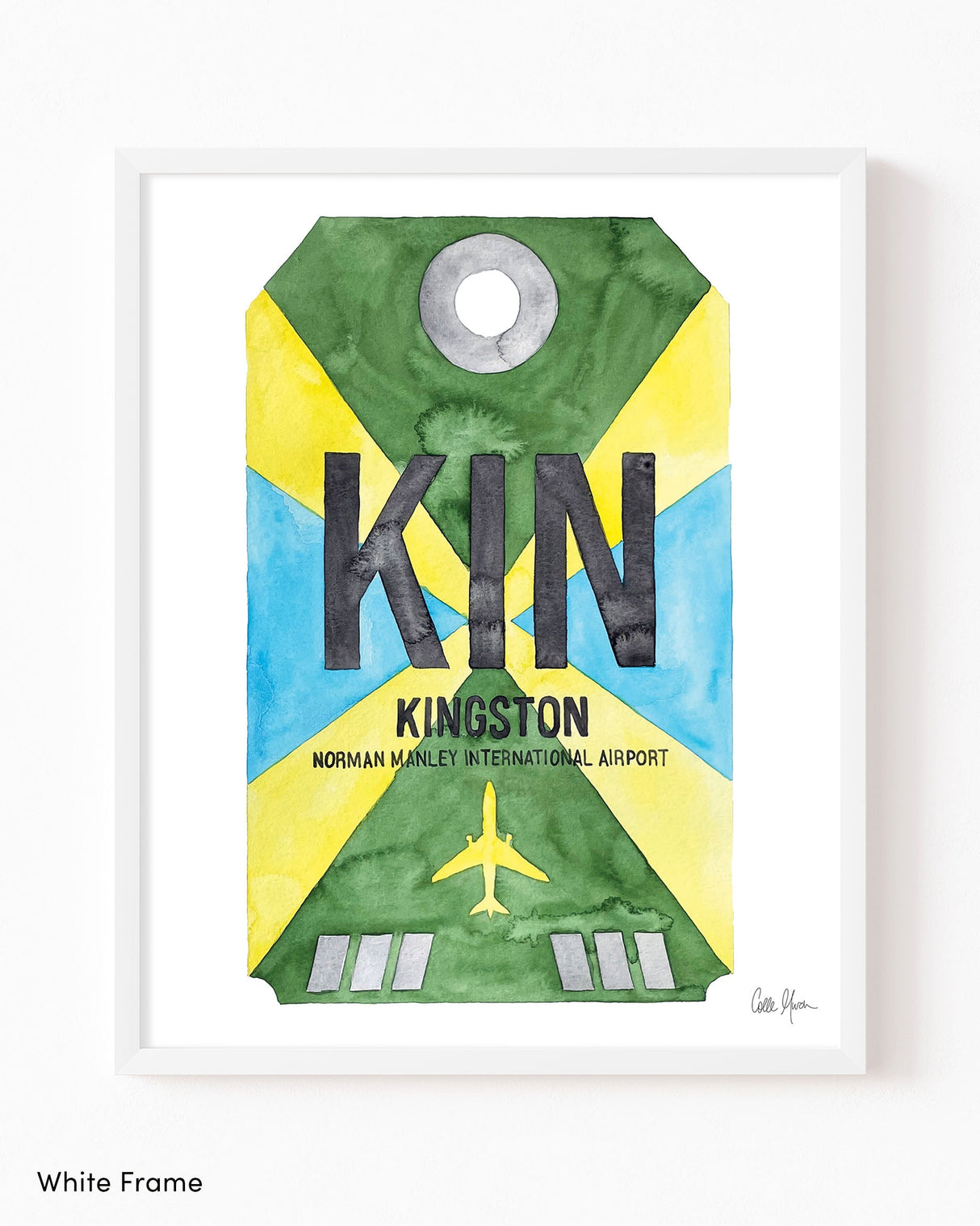 Framed Watercolor Print of Norman Manley International Airport (KIN) with a White Frame