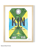 Framed Watercolor Print of Norman Manley International Airport (KIN) with a Natural Wood Frame