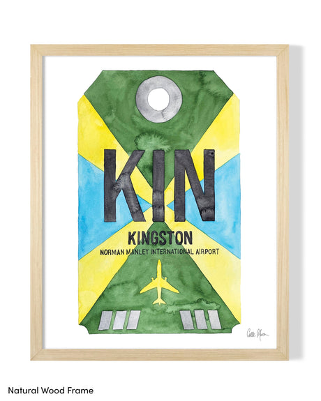Framed Watercolor Print of Norman Manley International Airport (KIN) with a Natural Wood Frame