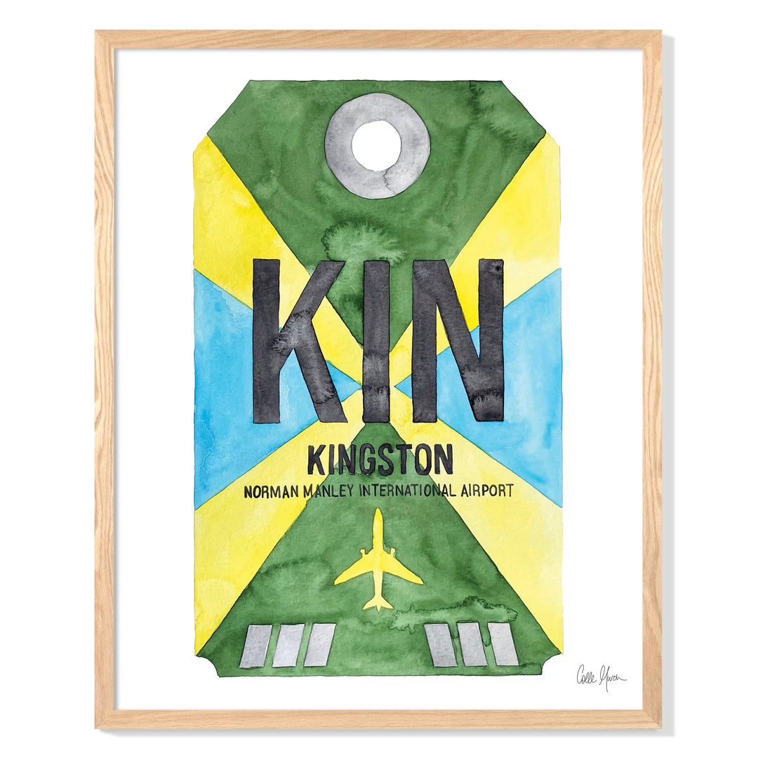 Framed Watercolor Print of Norman Manley International Airport (KIN) with an Oak Frame