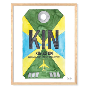 Framed Watercolor Print of Norman Manley International Airport (KIN) with an Oak Frame