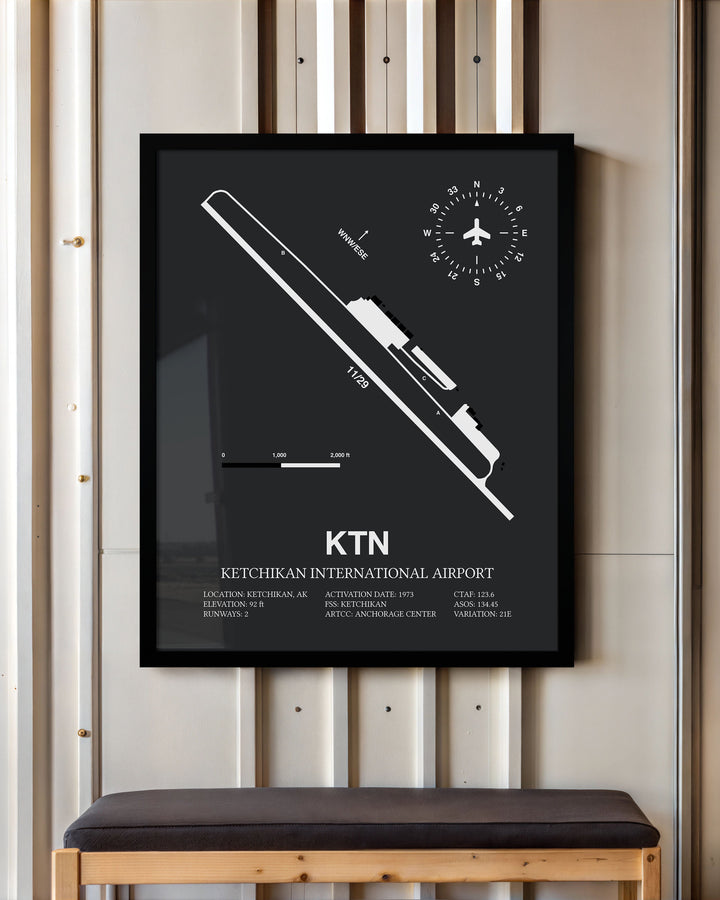 Framed Detailed Airport Map of Ketchikan International Airport (KTN) in Gray with a Black Frame