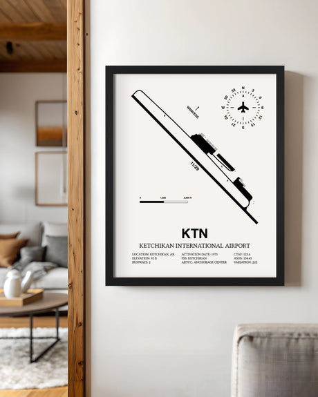 Framed Detailed Airport Map of Ketchikan International Airport (KTN) in White with a Black Frame