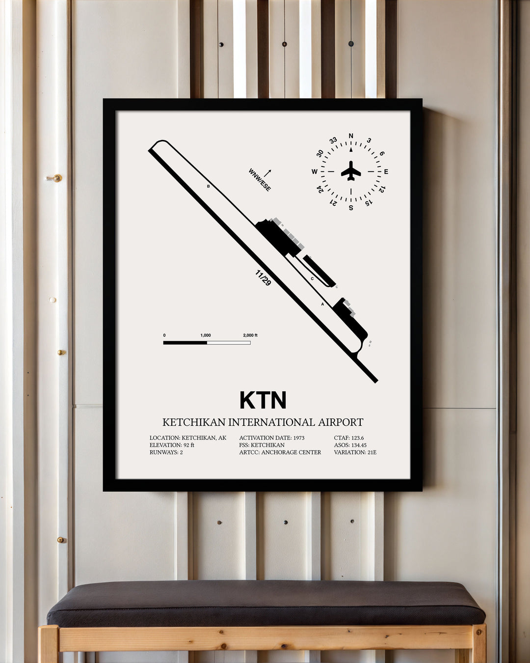 Framed Detailed Airport Map of Ketchikan International Airport (KTN) in White with a Black Frame