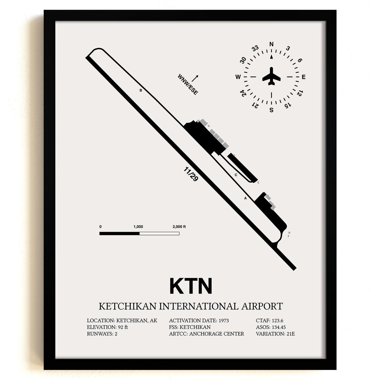 Framed Detailed Airport Map of Ketchikan International Airport (KTN) in White with a Black Frame