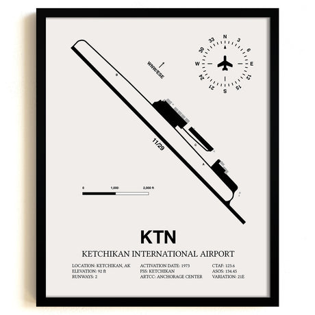 Framed Detailed Airport Map of Ketchikan International Airport (KTN) in White with a Black Frame