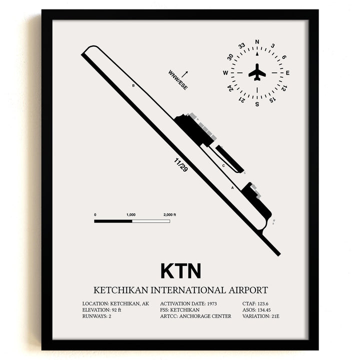 Framed Detailed Airport Map of Ketchikan International Airport (KTN) in White with a Black Frame