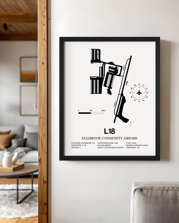 Framed Detailed Airport Map of Fallbrook Community Airpark (L18) in White with a Black Frame