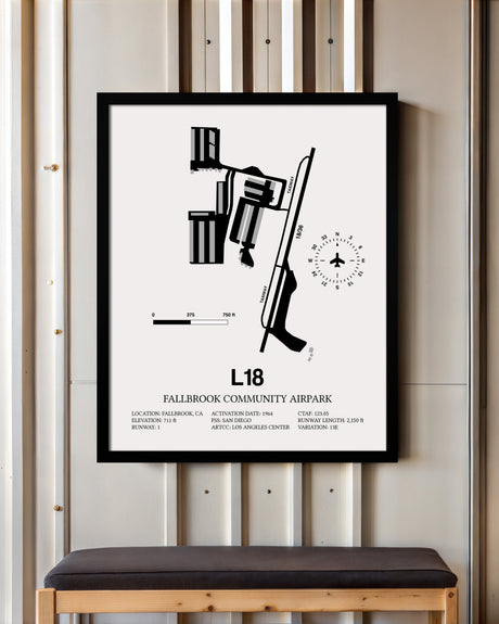 Framed Detailed Airport Map of Fallbrook Community Airpark (L18) in White with a Black Frame