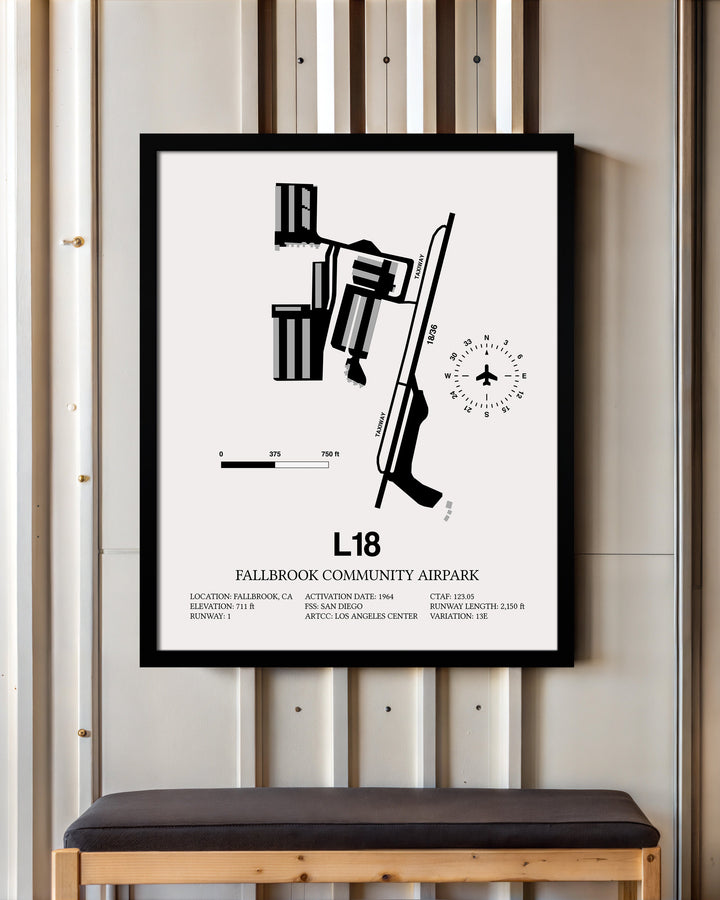 Framed Detailed Airport Map of Fallbrook Community Airpark (L18) in White with a Black Frame