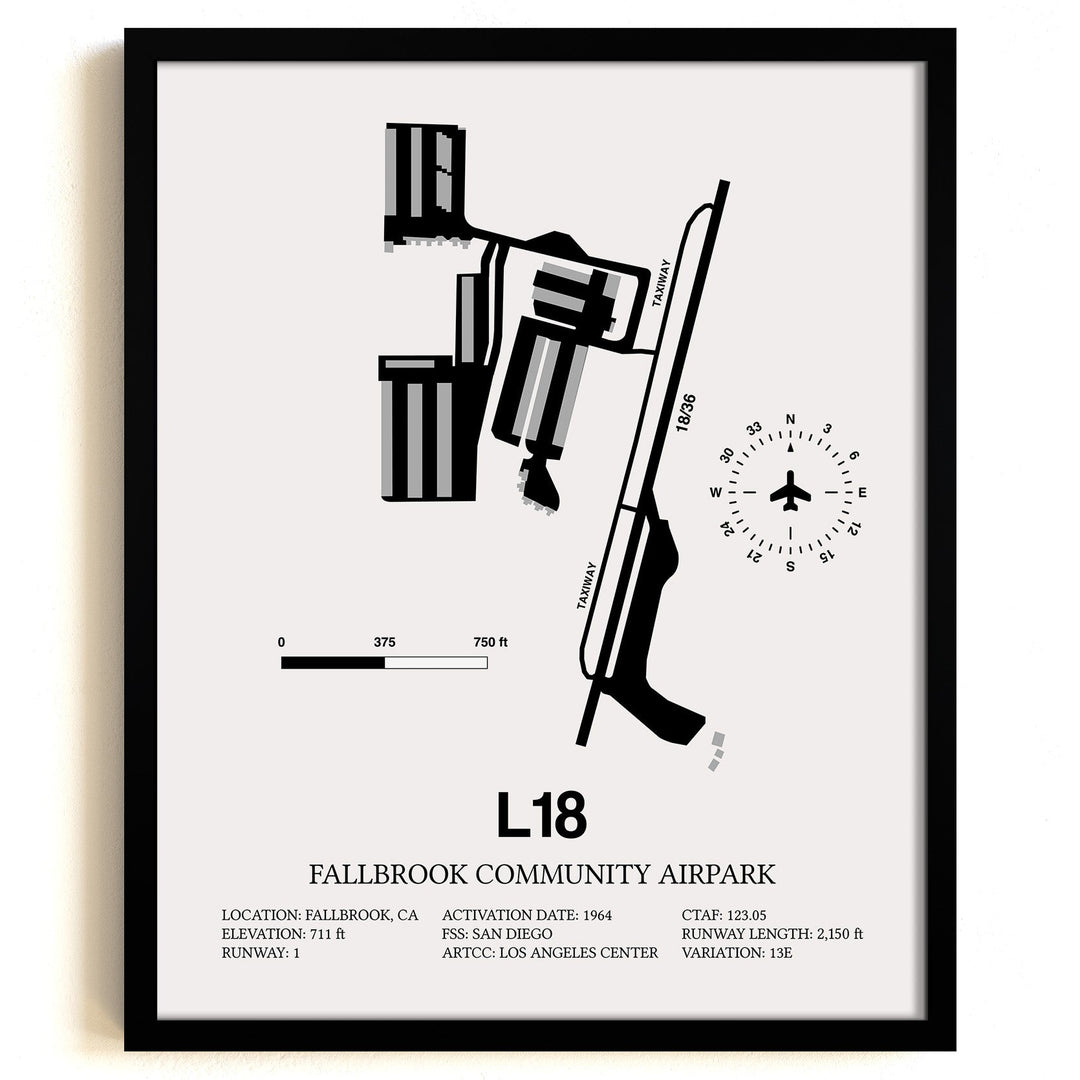 Framed Detailed Airport Map of Fallbrook Community Airpark (L18) in White with a Black Frame
