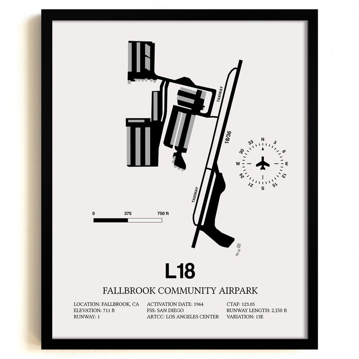 Framed Detailed Airport Map of Fallbrook Community Airpark (L18) in White with a Black Frame