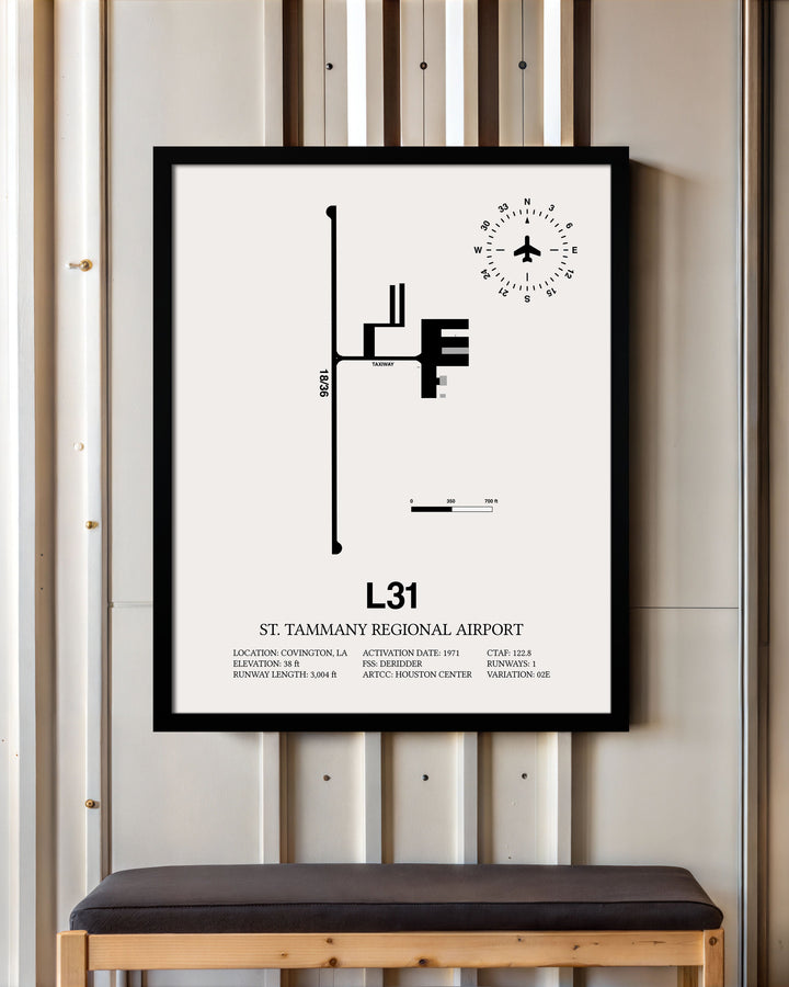 Framed Detailed Airport Map of St. Tammany Regional Airport (L31) in White with a Black Frame