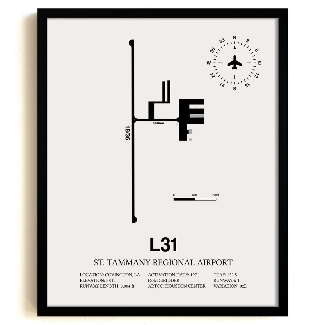 Framed Detailed Airport Map of St. Tammany Regional Airport (L31) in White with a Black Frame
