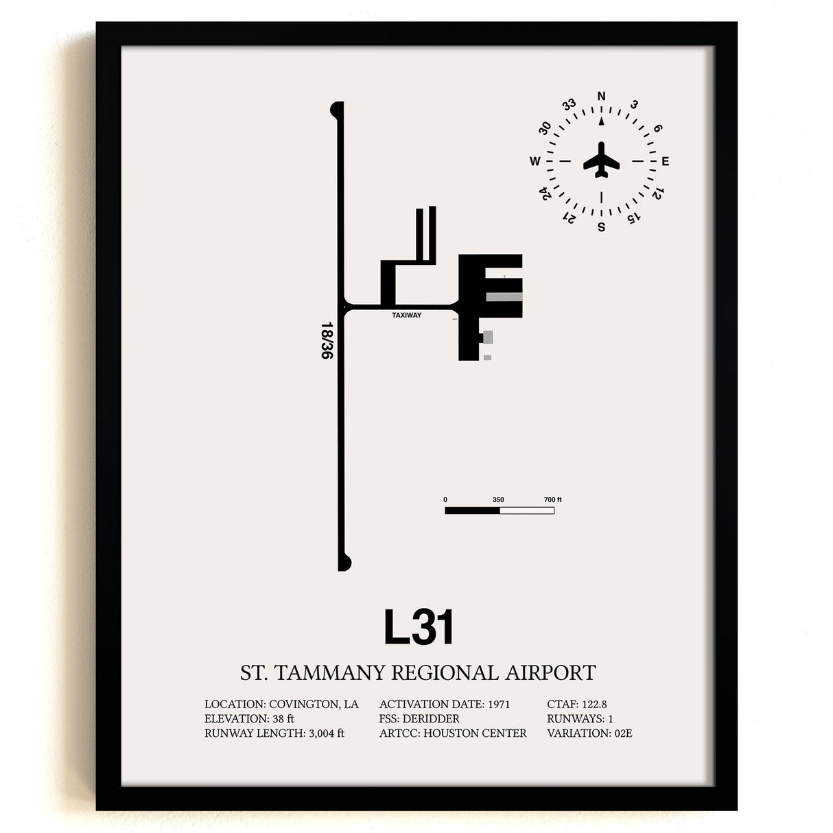 Framed Detailed Airport Map of St. Tammany Regional Airport (L31) in White with a Black Frame
