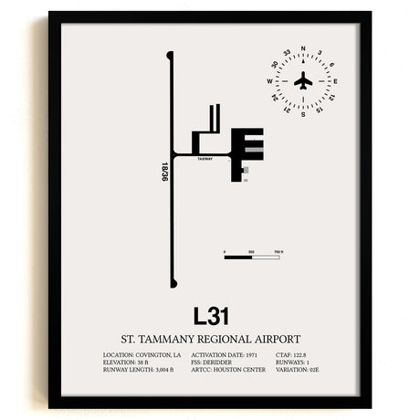 Framed Detailed Airport Map of St. Tammany Regional Airport (L31) in White with a Black Frame