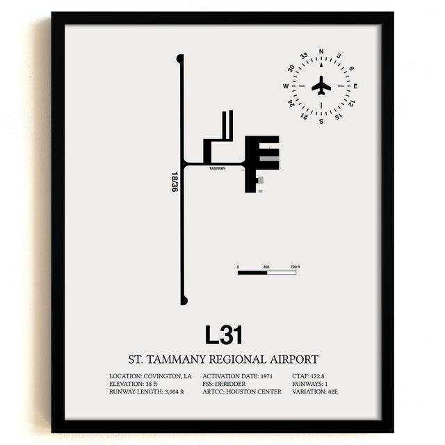 Framed Detailed Airport Map of St. Tammany Regional Airport (L31) in White with a Black Frame