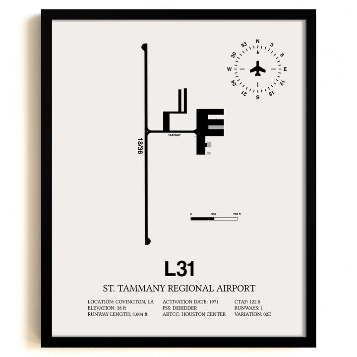 Framed Detailed Airport Map of St. Tammany Regional Airport (L31) in White with a Black Frame