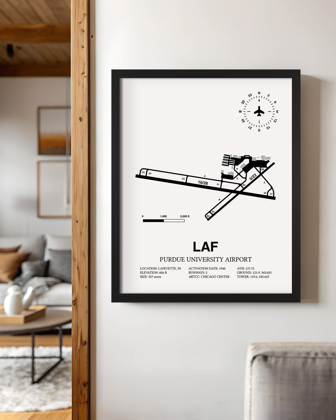 Framed Detailed Airport Map of Purdue University Airport (LAF) in White with a Black Frame