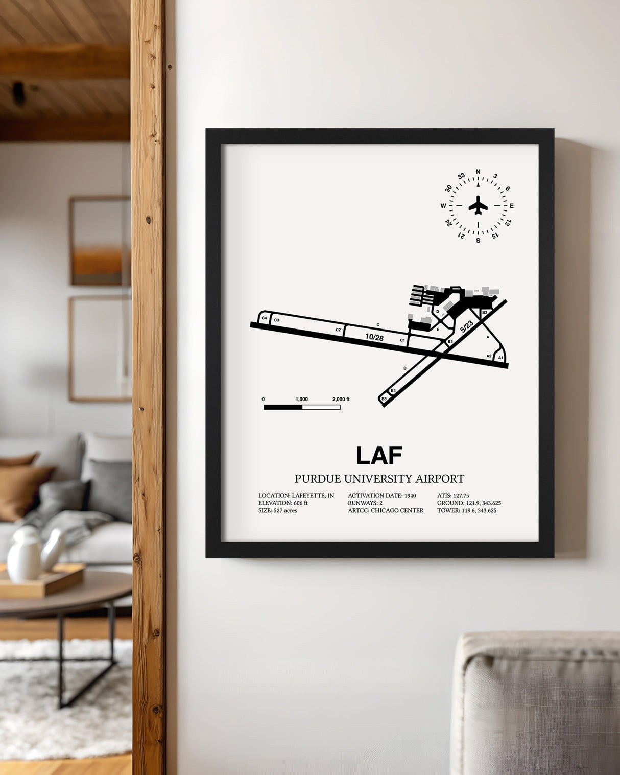Framed Detailed Airport Map of Purdue University Airport (LAF) in White with a Black Frame