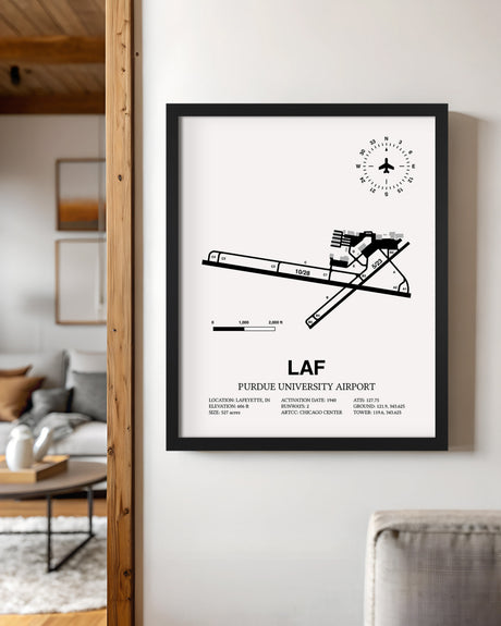 Framed Detailed Airport Map of Purdue University Airport (LAF) in White with a Black Frame